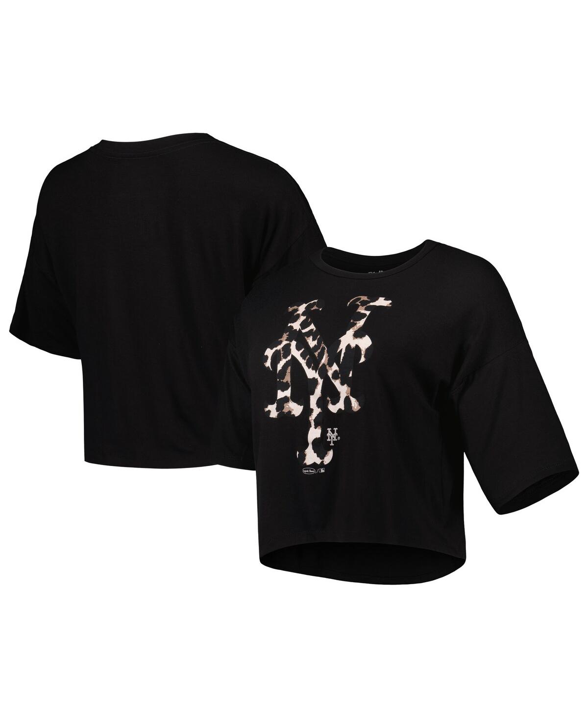 Women's Majestic Threads Black New York Mets Leopard Cropped T-shirt - Black