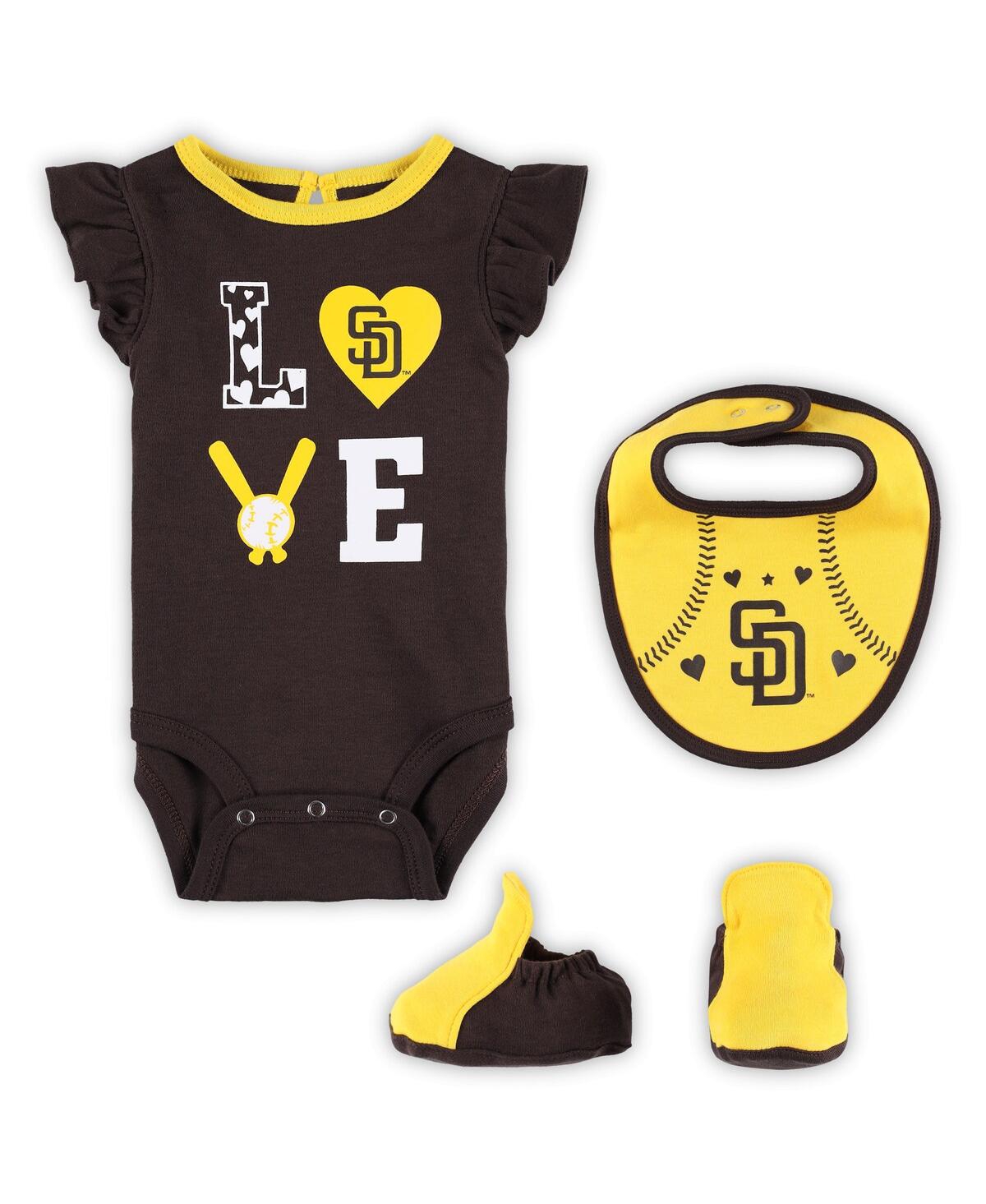 Shop Outerstuff Newborn And Infant Boys And Girls Brown, Gold San Diego Padres Three-piece Love Of Baseball Bib Body In Brown,gold