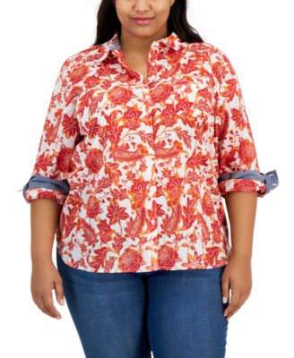 Tommy Hilfiger - Plus Size Cotton Floral Roll Tab Button Down Shirt