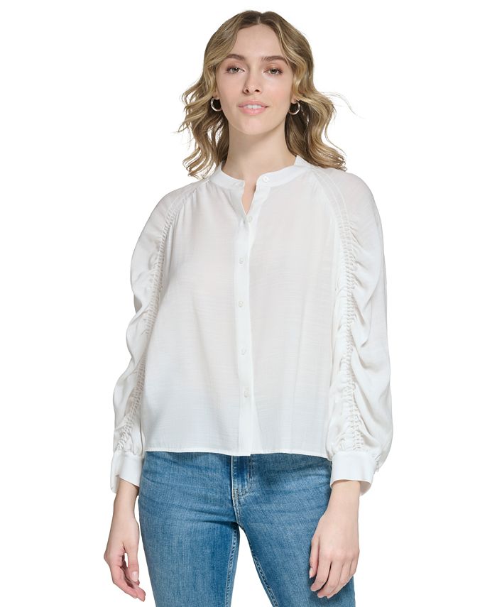 Calvin Klein Cinched Long Sleeve Button Front Blouse - Macy's