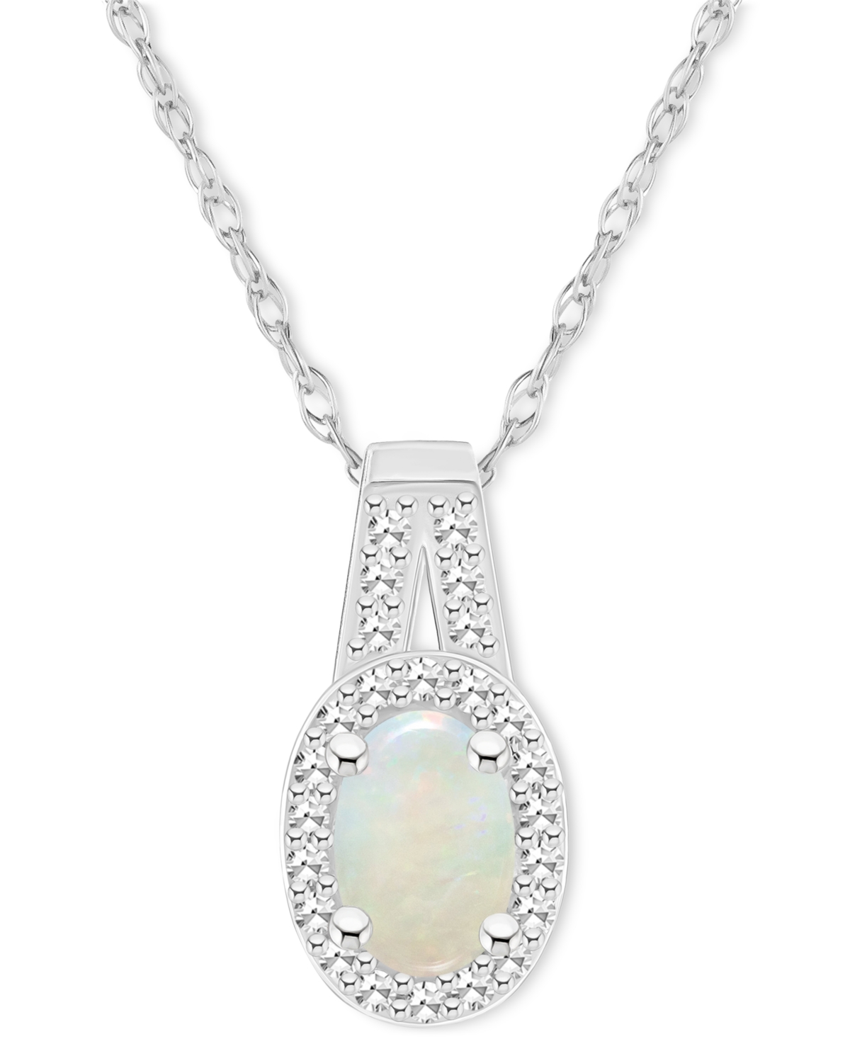 Macy's Opal (1/4 Ct. T.w.) & Diamond (1/8 Ct. T.w.) Halo 18" Pendant Necklace In Sterling Silver, (also In