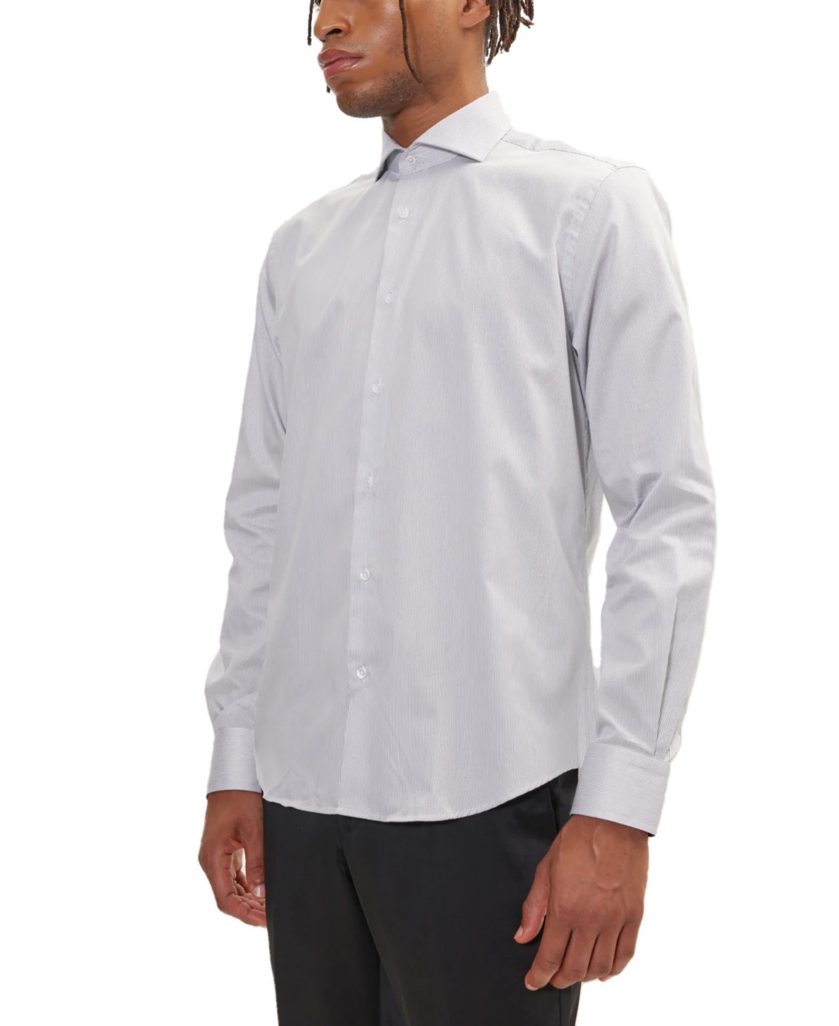 Ron Tomson Men's Modern Spread Collar Fitted Shirt In White Anthracite Striped