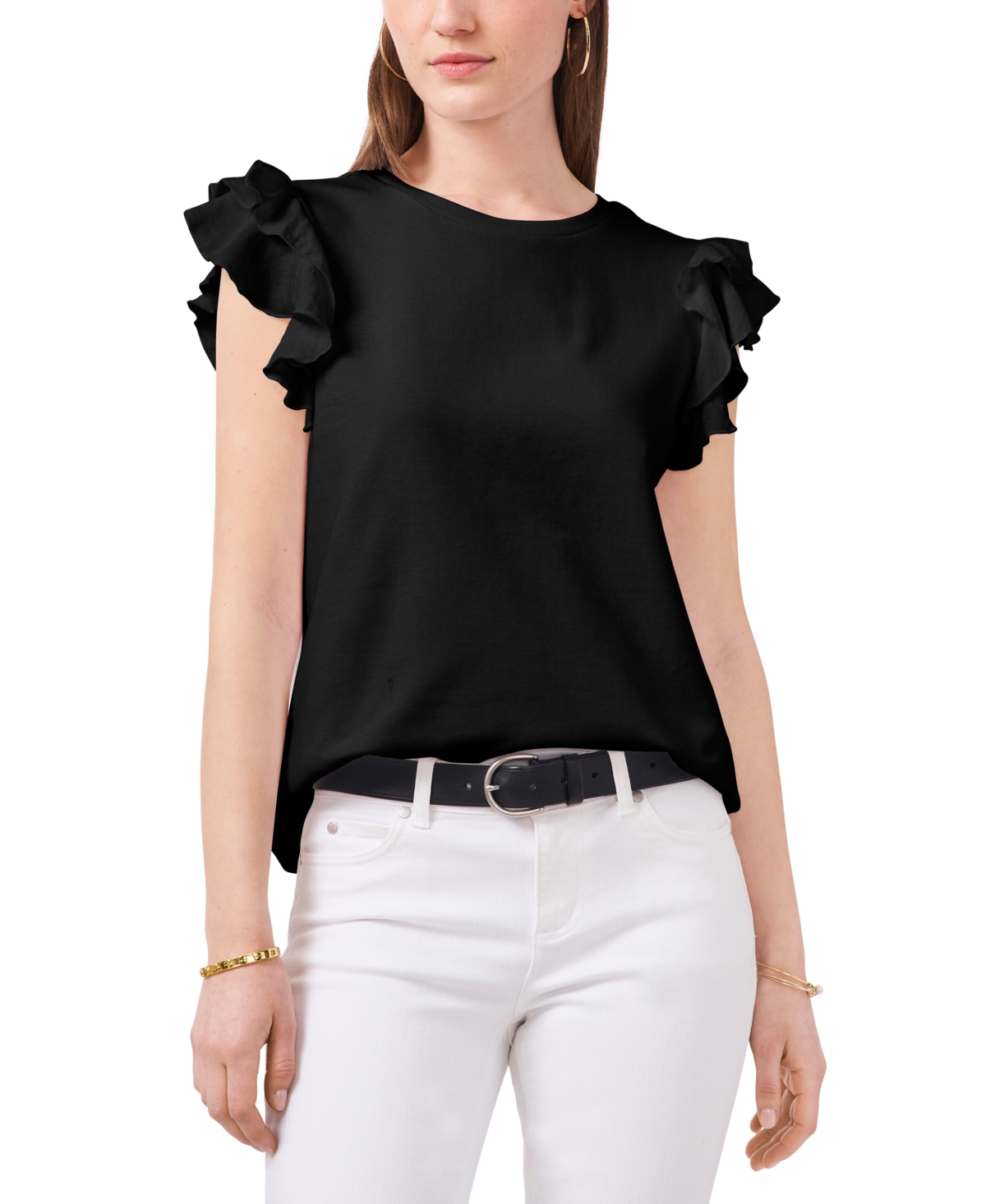 Shop Vince Camuto Women's Tiered Ruffled-sleeve T-shirt In Rich Black