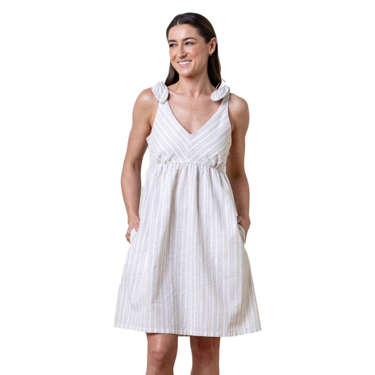 Women's Sleeveless Bow Shoulder Dress - Stone stripe linen