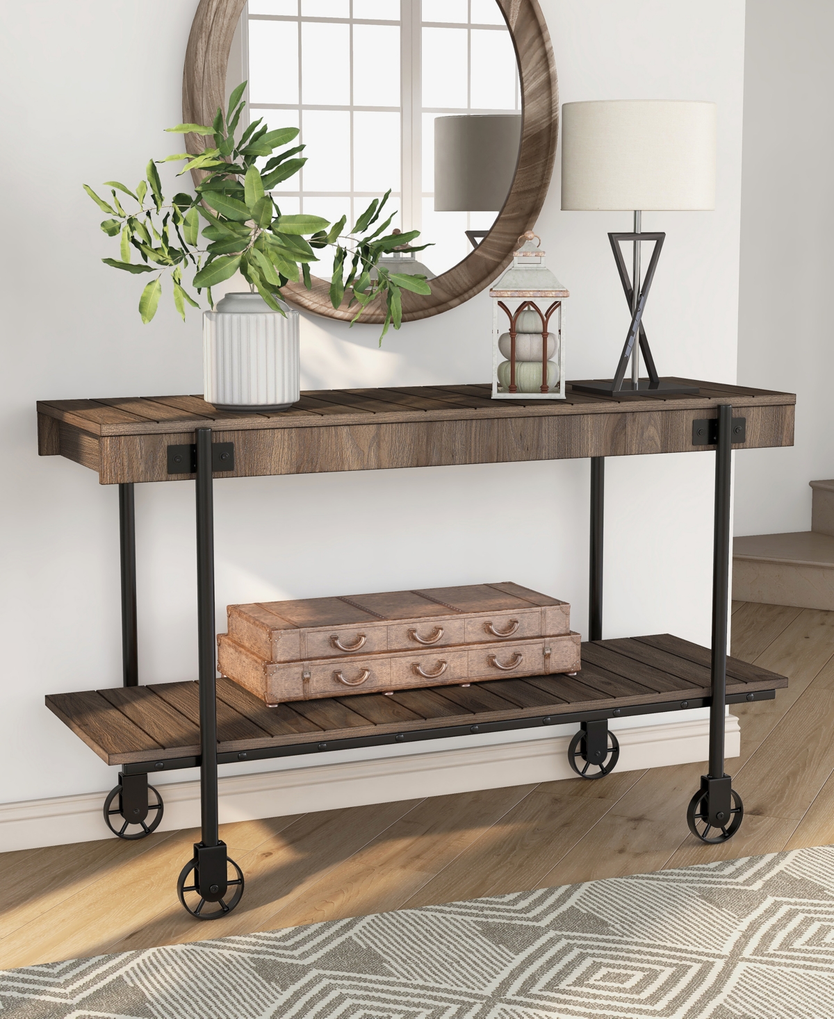 Furniture of America Luther Steel Rectangle Sofa Table - Black and Dark Walnut