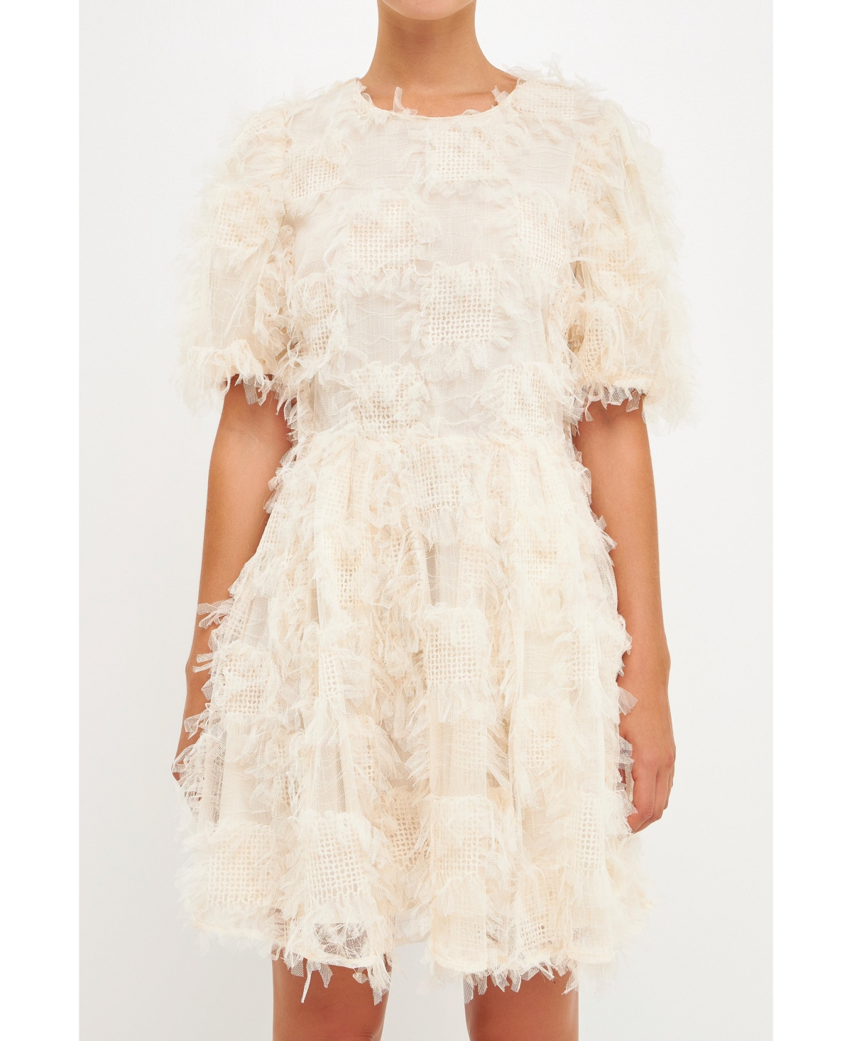 Endless Rose Feathered Mesh Puff Sleeve Minidress In Cream