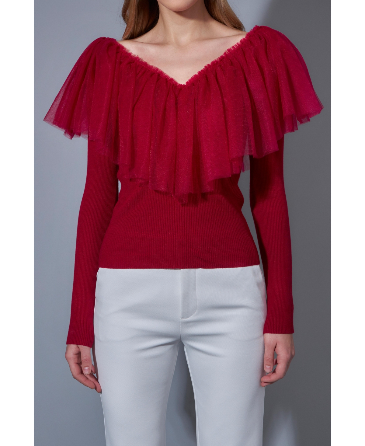 Endless Rose Pleated Ruffle Mesh Mixed Media Top In Cherry