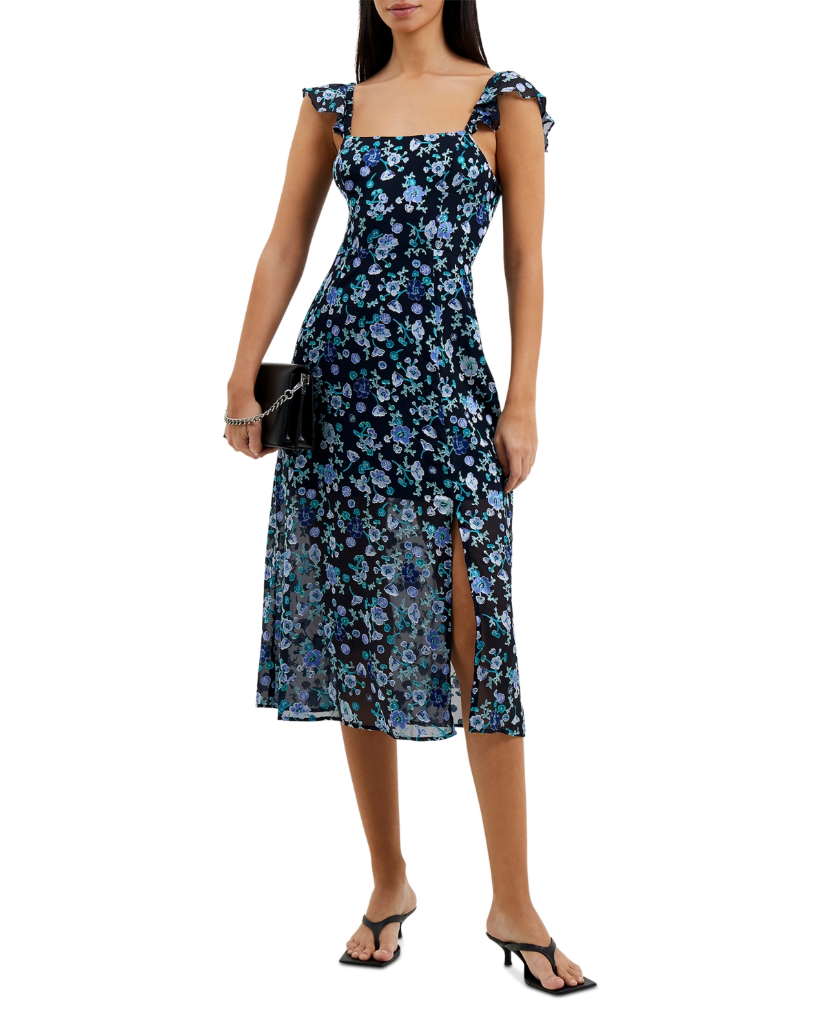 French Connection Bette Floral Satin Burnout Dress In Marine Multi