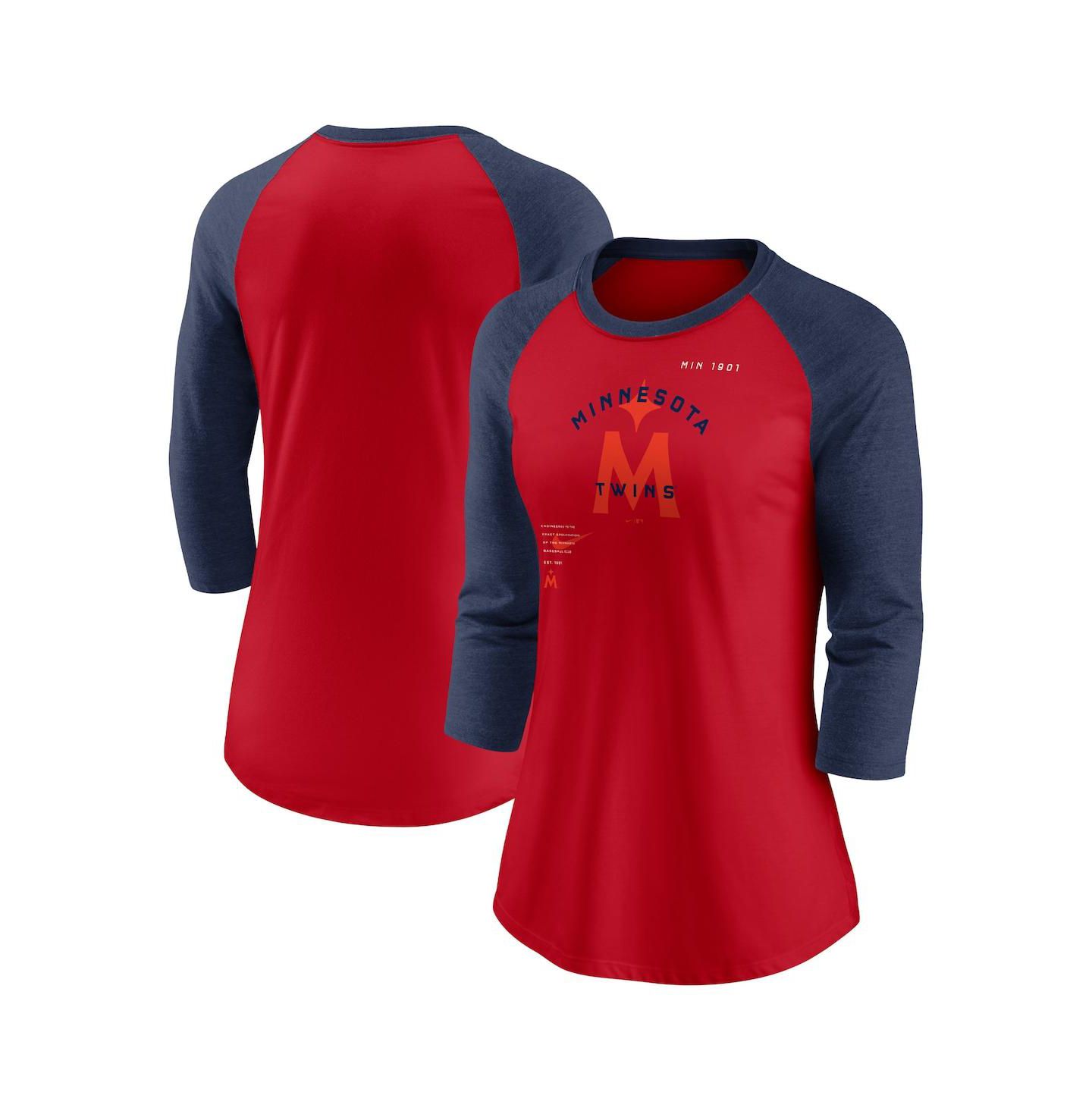 Женская футболка Nike Red, Navy Minnesota Twins Next Up Tri-Blend Raglan 3/4 -Sleeve — фото 1