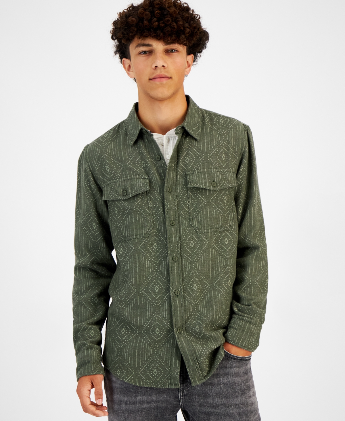 Sun + Stone Men's Henry Jacquard Geo Flannel Shirt, Created For Macy's In Dark Coyote