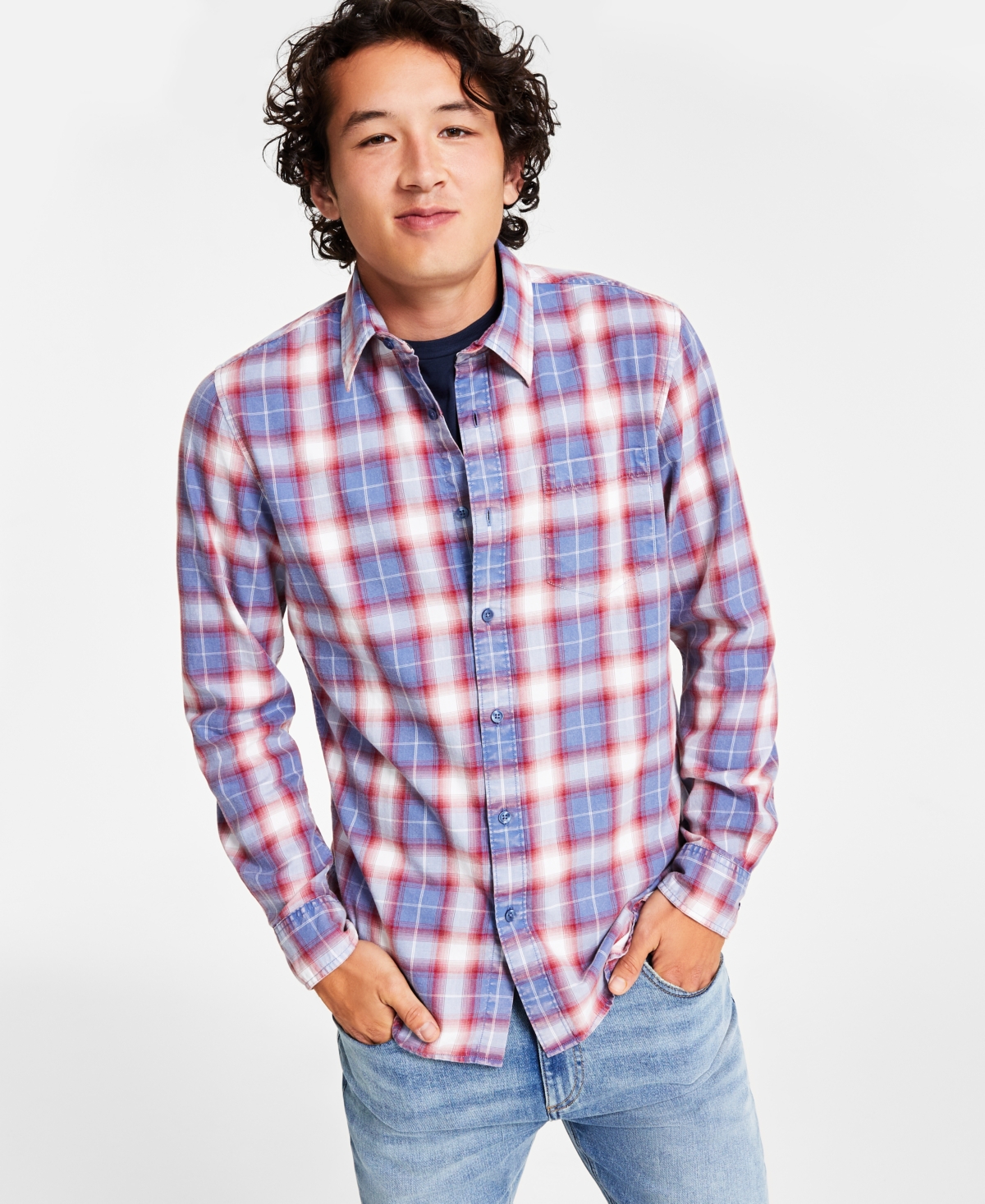 Men's Will Plaid Shirt, Created for Macy's - Dungaree Blue