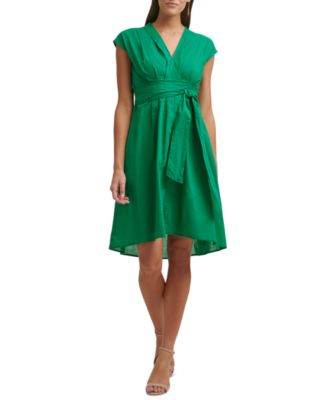 kensie - Women's Cotton V-Neck A-Line Tie-Waist Dress