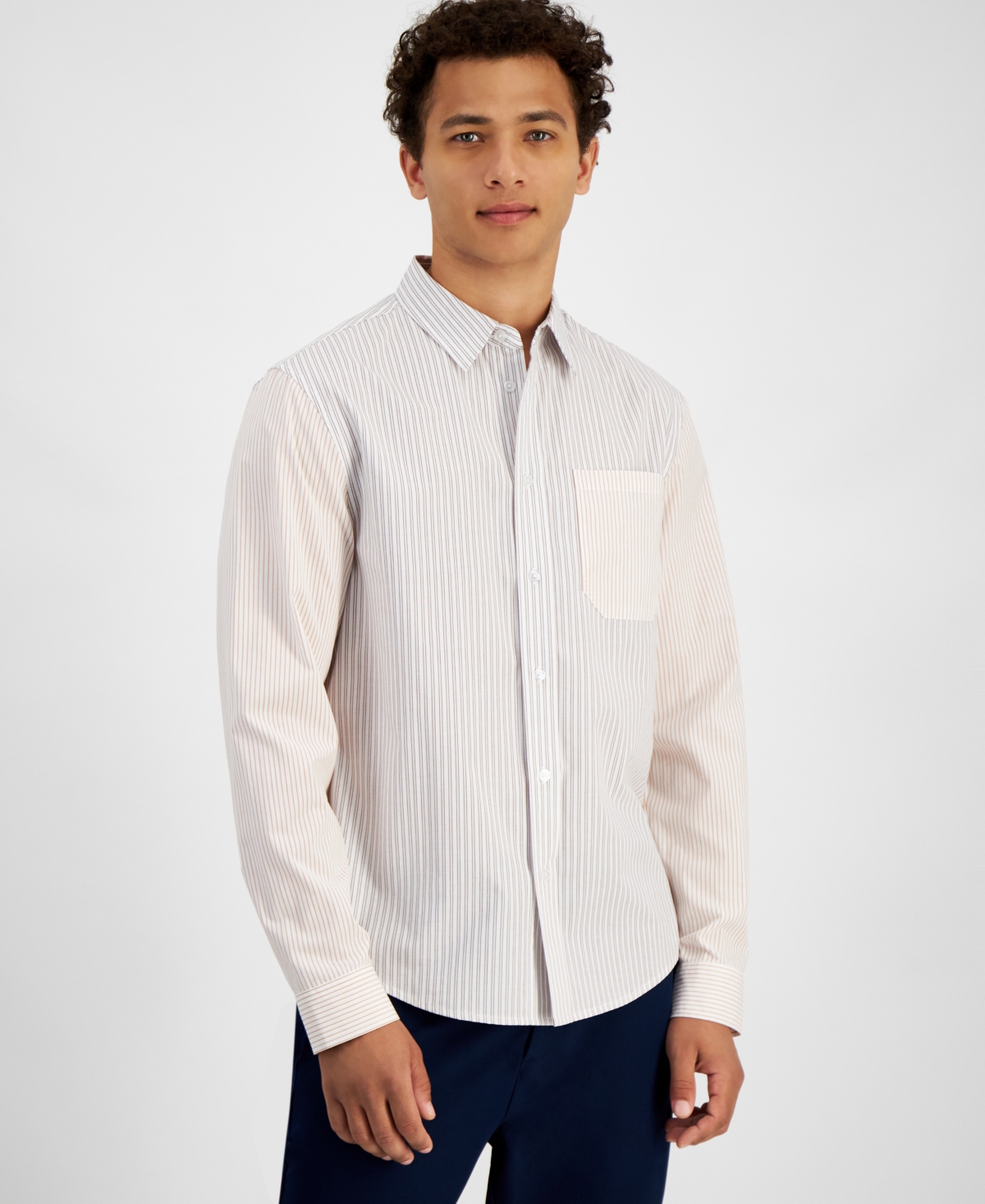 Men's Regular-Fit Stripe Button-Down Shirt, Created for Macy's - Biscuit