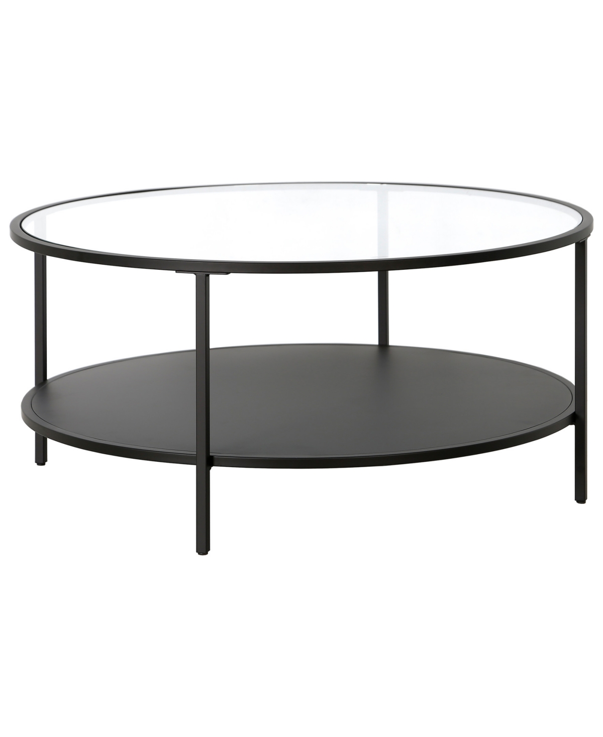 Hudson & Canal Sivil 36" Wide Round Coffee Table With Glass Top And Metal Shelf In Blackened Bronze