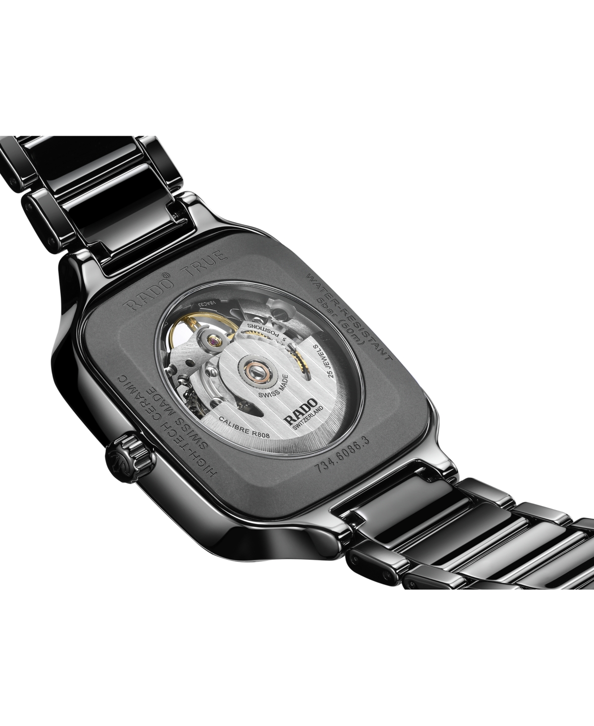 Shop Rado Unisex Swiss Automatic True Square Skeleton Black High-tech Ceramic Bracelet Watch 38mm