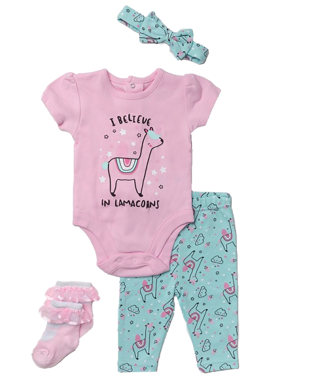 Lily & Jack Baby Girls Lamacorn Bodysuit, Leggings, Socks And Headband, 4 Piece Set In Pink