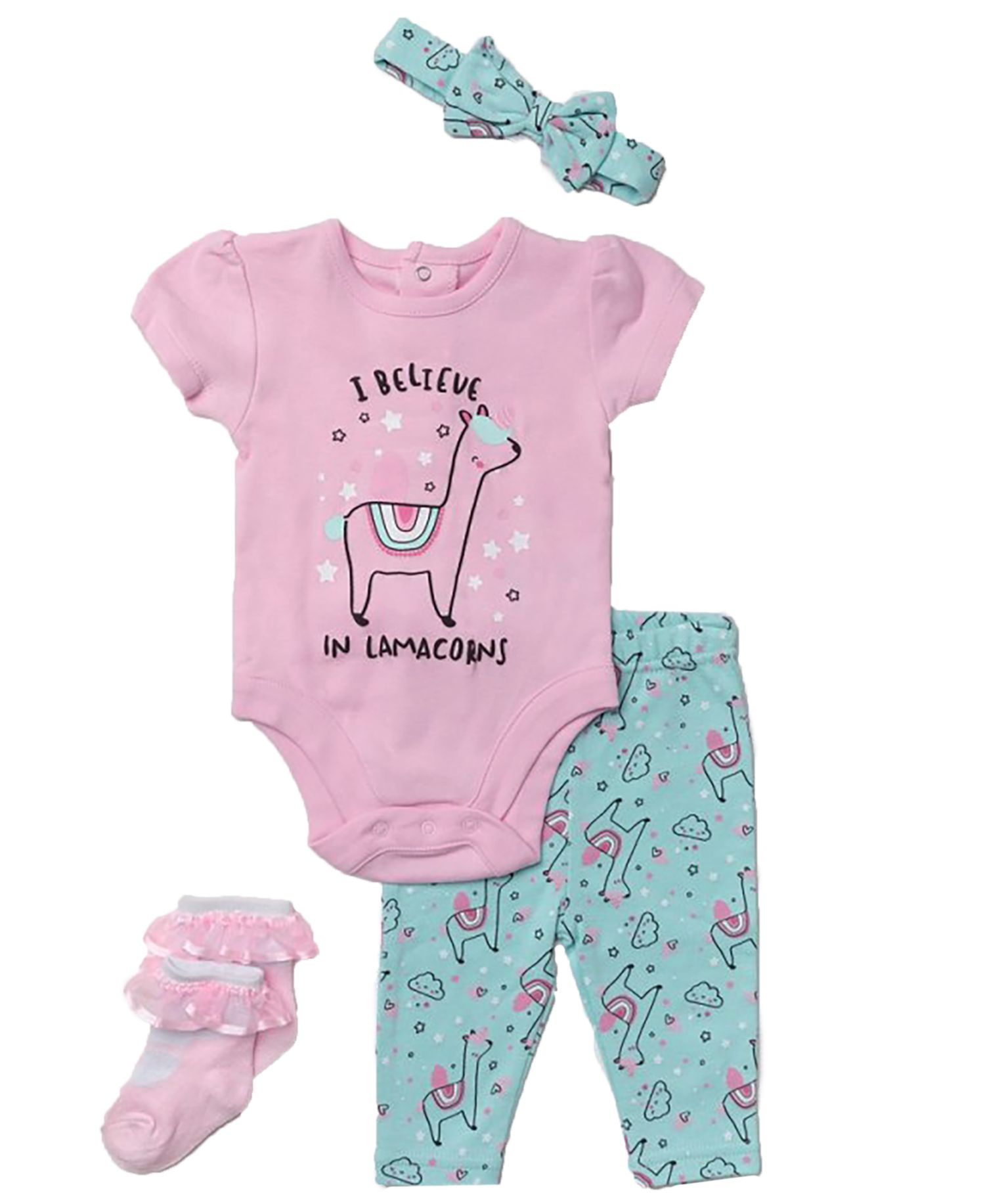 Baby Girls Lamacorn Bodysuit, Leggings, Socks and Headband, 4 Piece Set