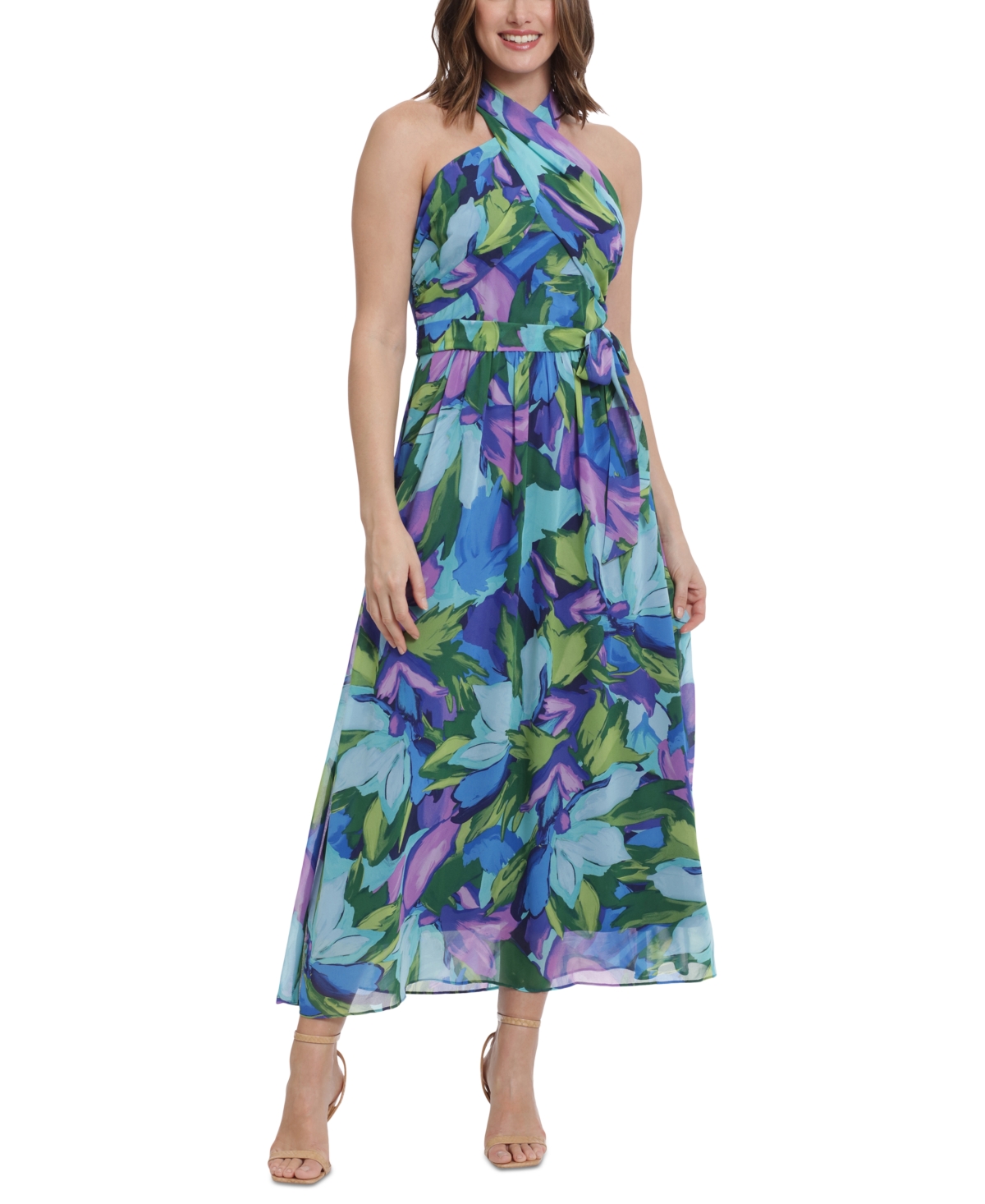 London Times Women s Floral Print Wrap Neck Tie Front Halter Maxi