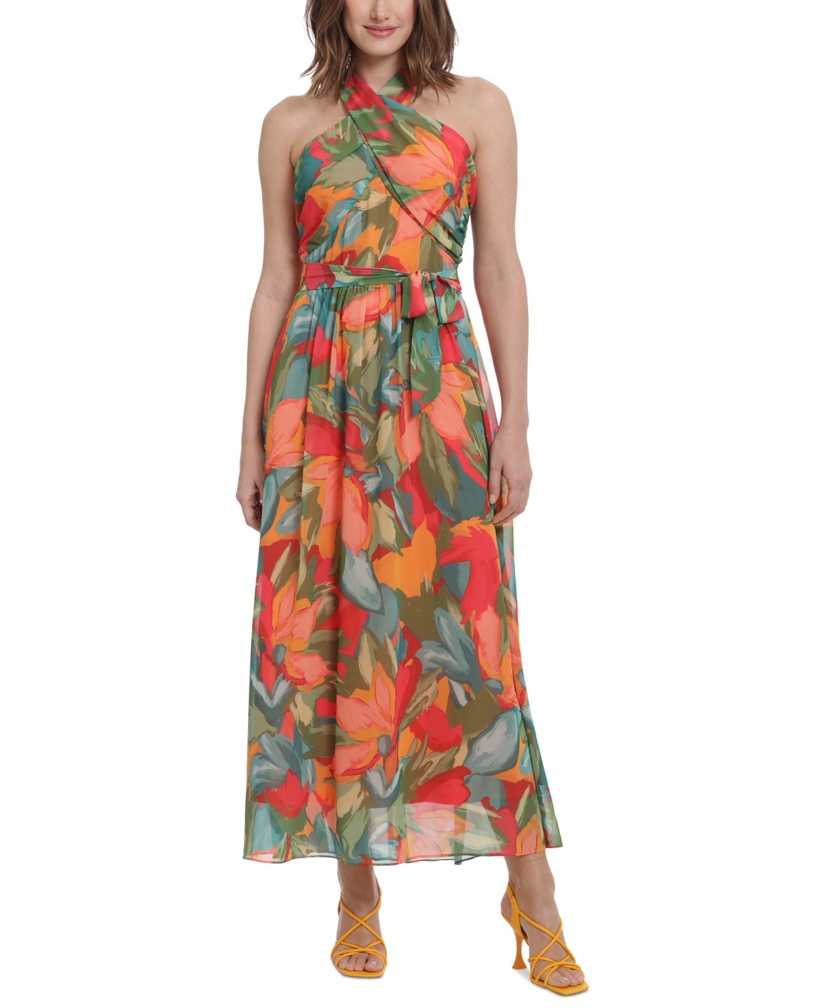 London Times Women's Floral-print Wrap-neck Tie-front Halter Maxi Dress In  Gold/jade | ModeSens