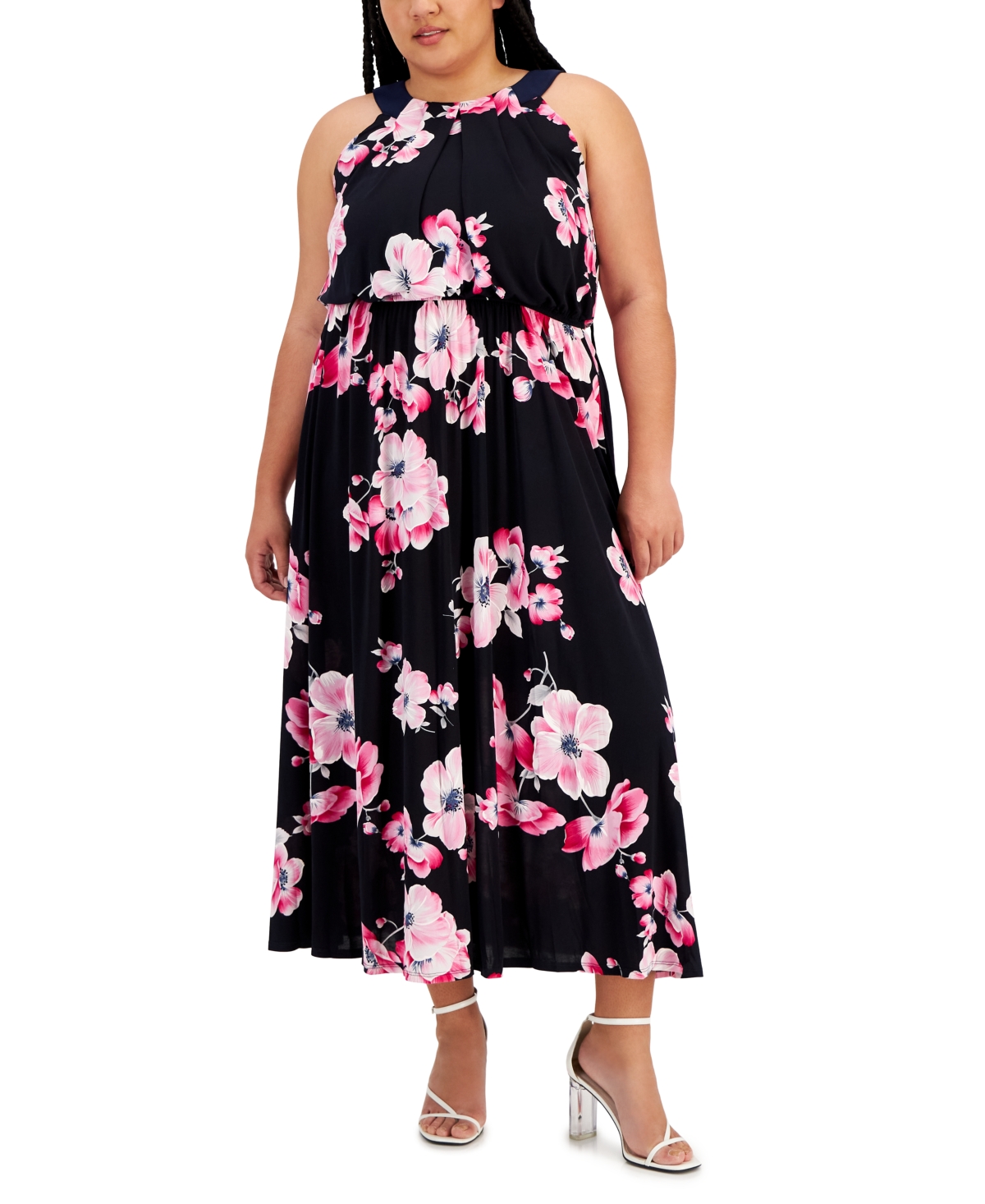 Plus Size Sleeveless Halter-Neck Midi Dress - Navy/Pink