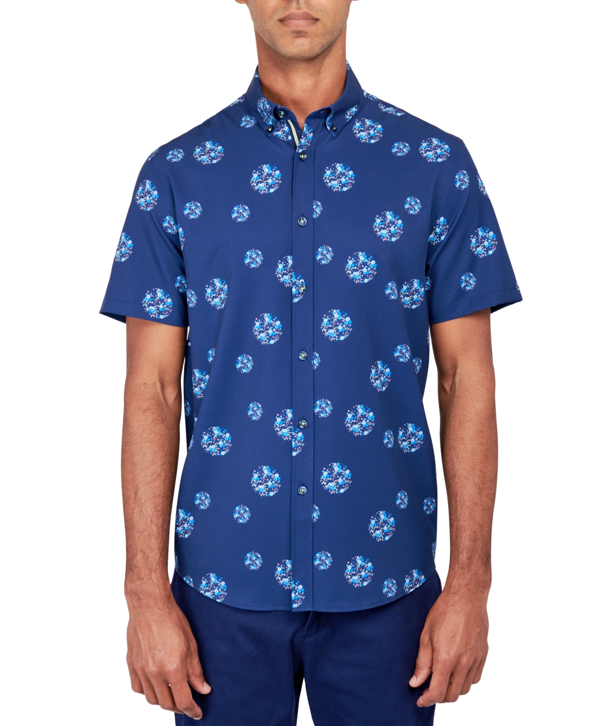 Society Of Threads Men's Regular-fit Non-iron Performance Stretch Floral Circle-print Button-down Shirt In Navy