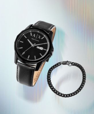 Men's Three-Hand Day-Date Quartz Black Leather Watch 44mm and Black Stainless Steel Bracelet Set