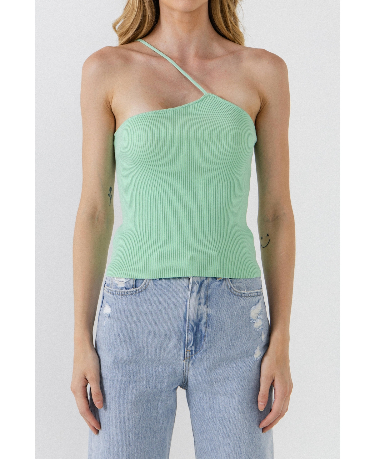 Grey Lab One Shoulder Strap Knit Tank Top In Sage
