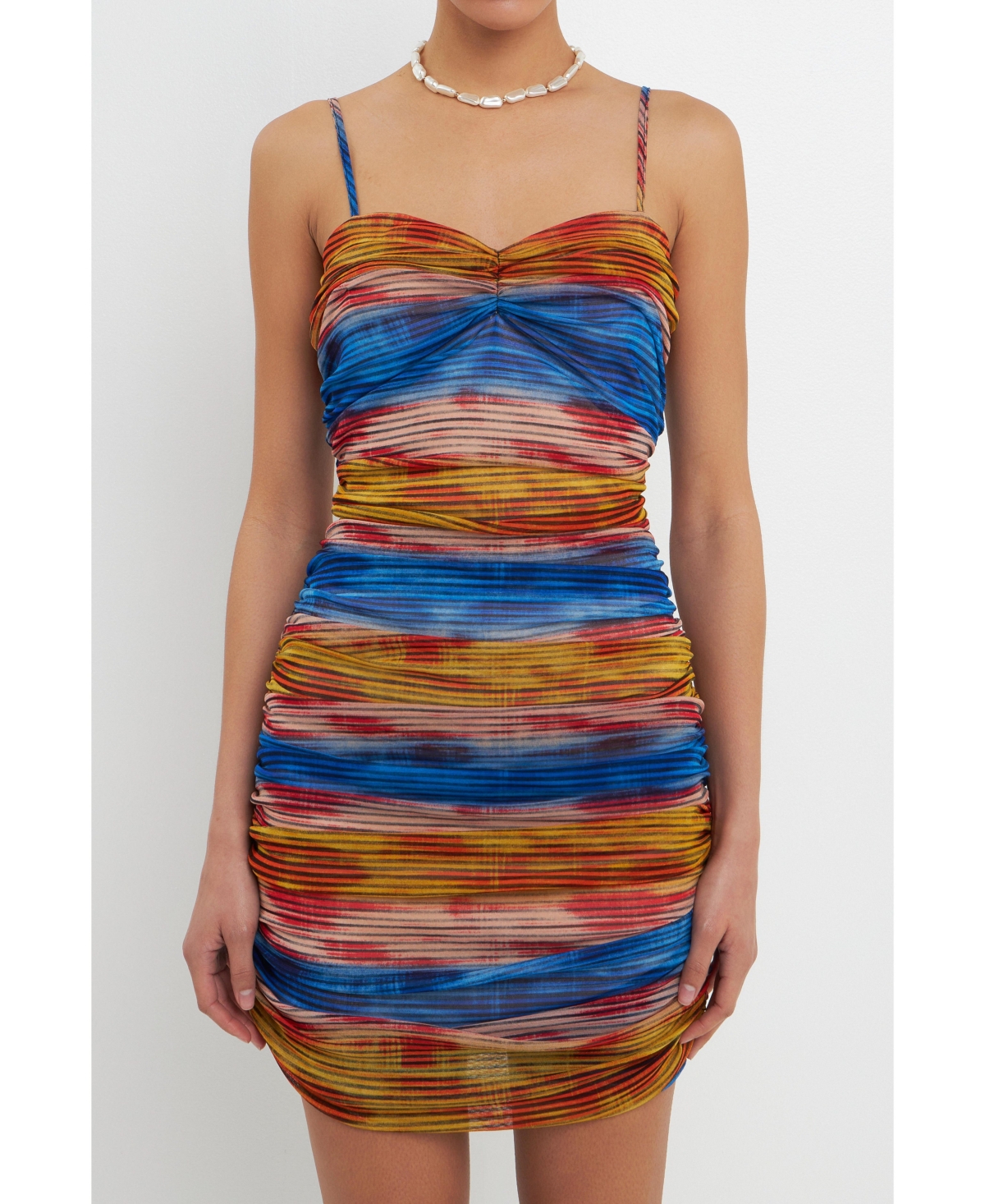 Women's Striped Mesh Mini Dress with Ruched Detail - Multi