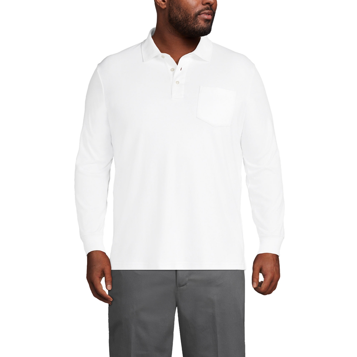 Big & Tall Long Sleeve Cotton Supima Polo Shirt with Pocket - White