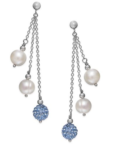 Honora Style Cultured Freshwater Pearl (7mm) and Blue Crystal Drop Earrings in Sterling Silver