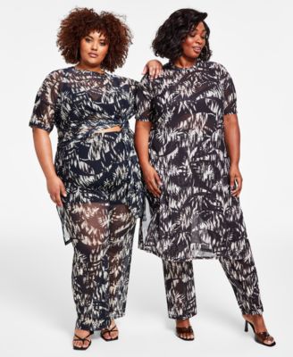 Nina Parker Trendy Plus Size Printed Mesh Tunic Pants In Black Ground Palm