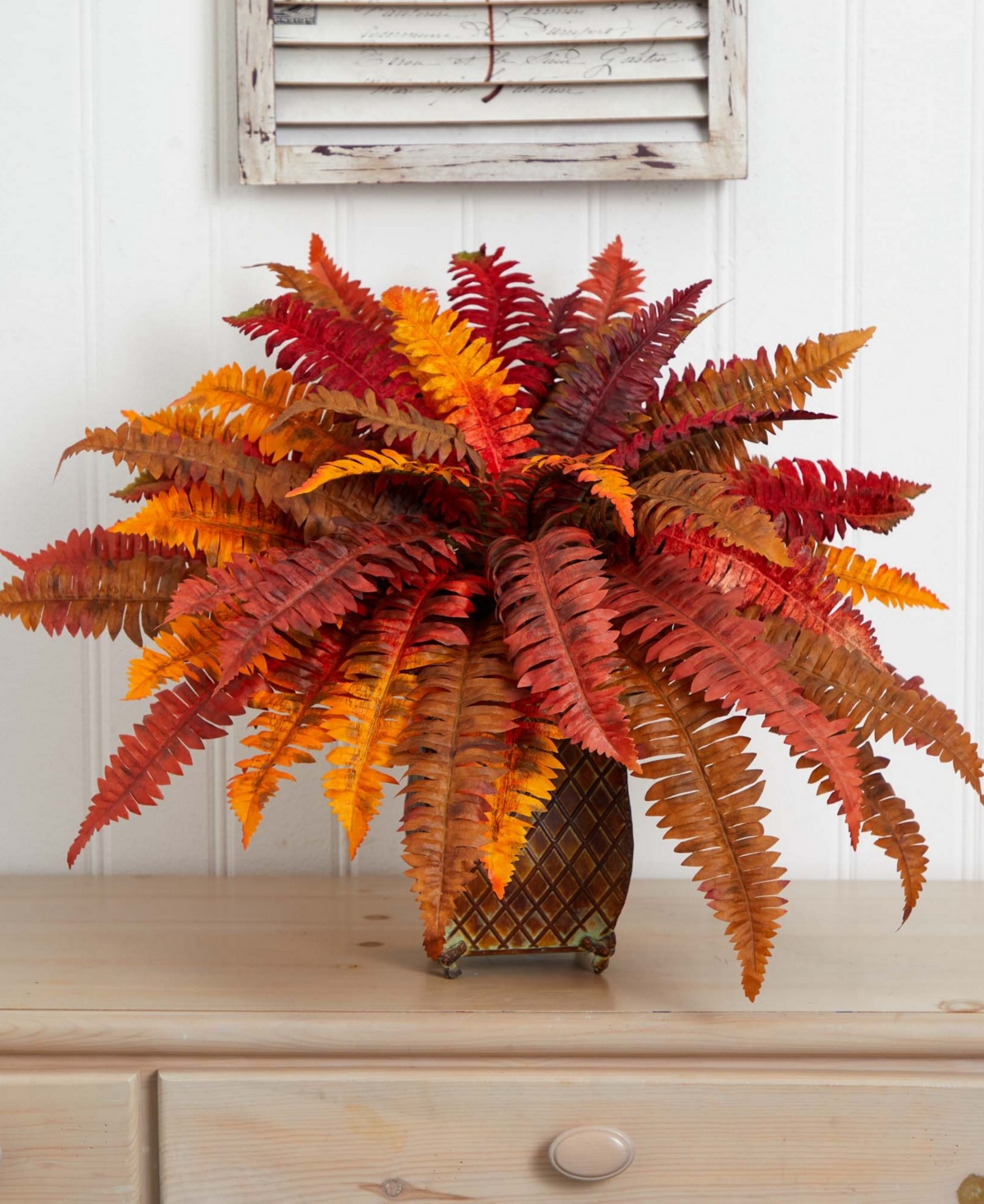 Nearly Natural Autumn Boston Fern Artificial Plant in Metal Planter