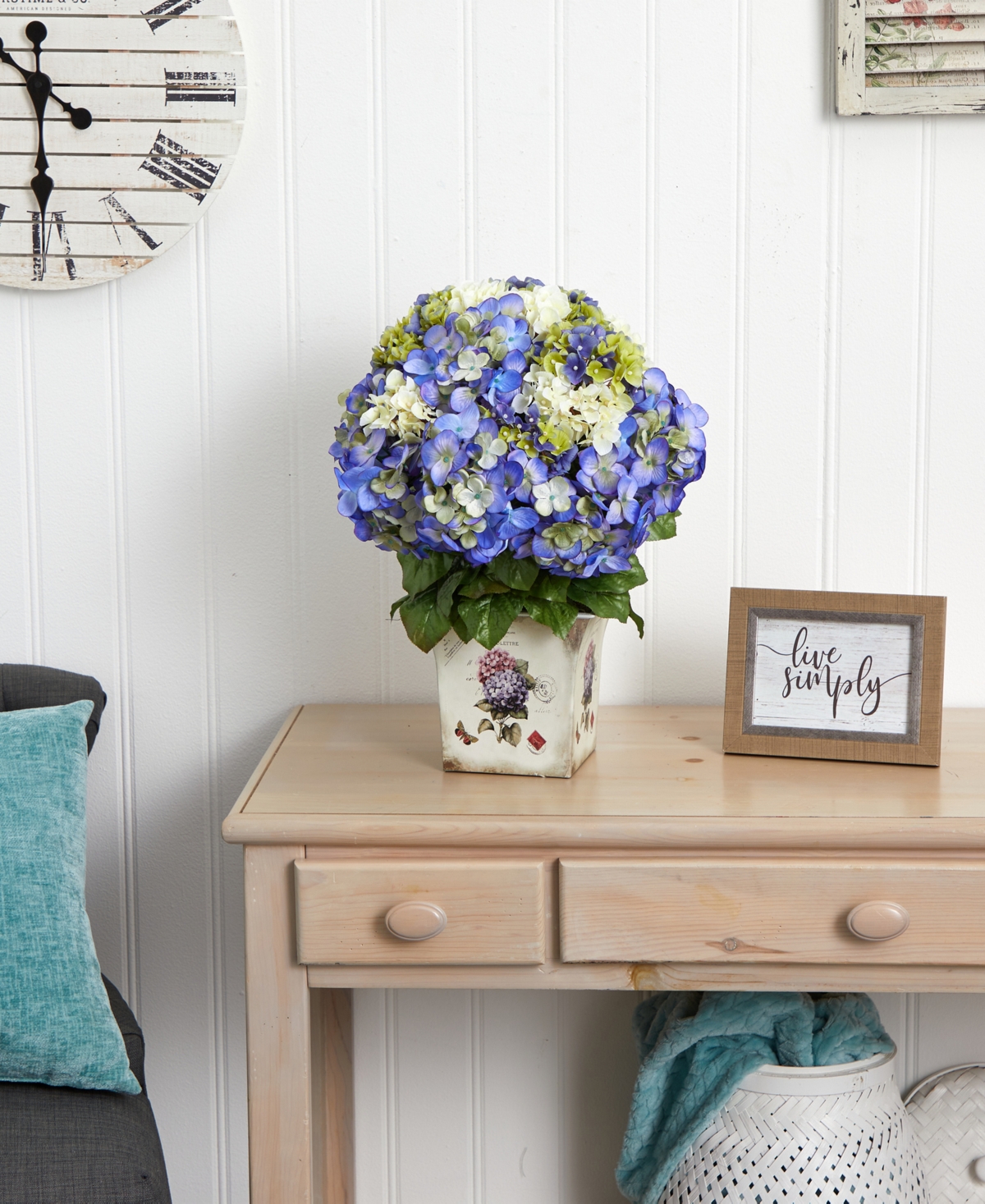 NEARLY NATURAL MIXED HYDRANGEA W/FLORAL PLANTER 