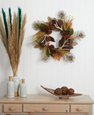27" Magnolia Leaf, Berry, Antler & Peacock Feather Artificial Wreath
