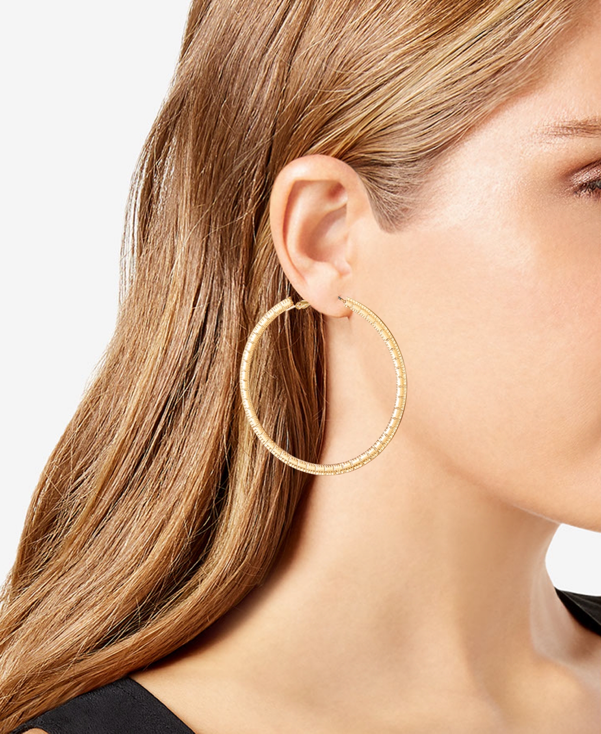Guess Gold-tone Textured Large Hoop Earrings, 2.75" In Gold  Mm Textured Flat Edge Hoop