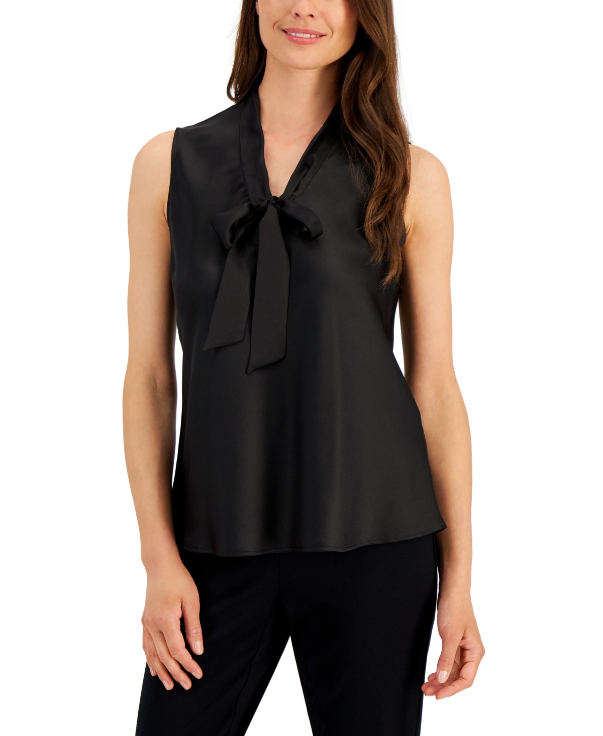 Kasper Plus Size Tie-neck Sleeveless Top In Black