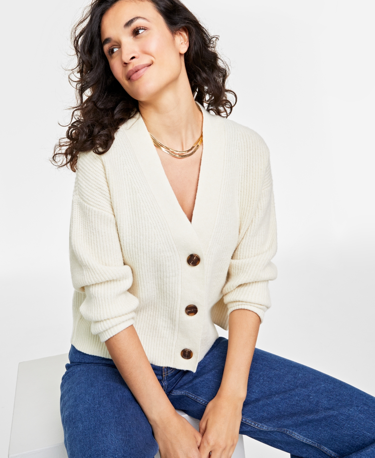 On 34th Women's Three-button Shaker Cardigan, Created For Macy's In Alabaster