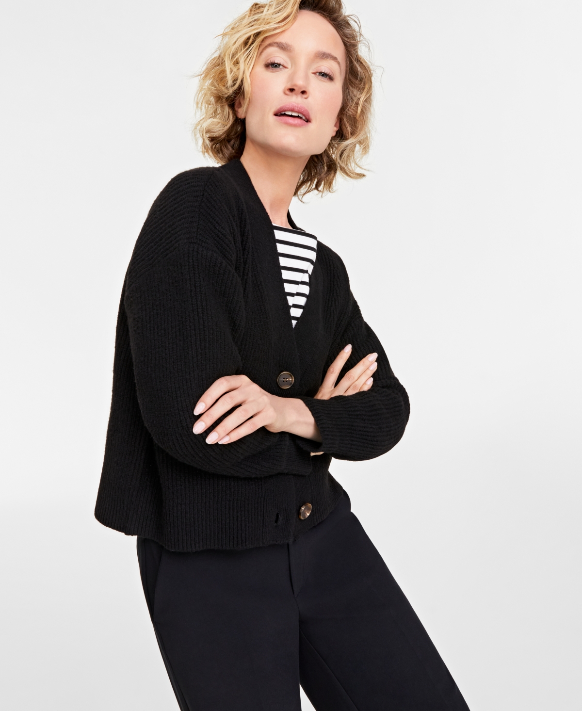 On 34th Women's Three-button Shaker Cardigan, Created For Macy's In Deep Black