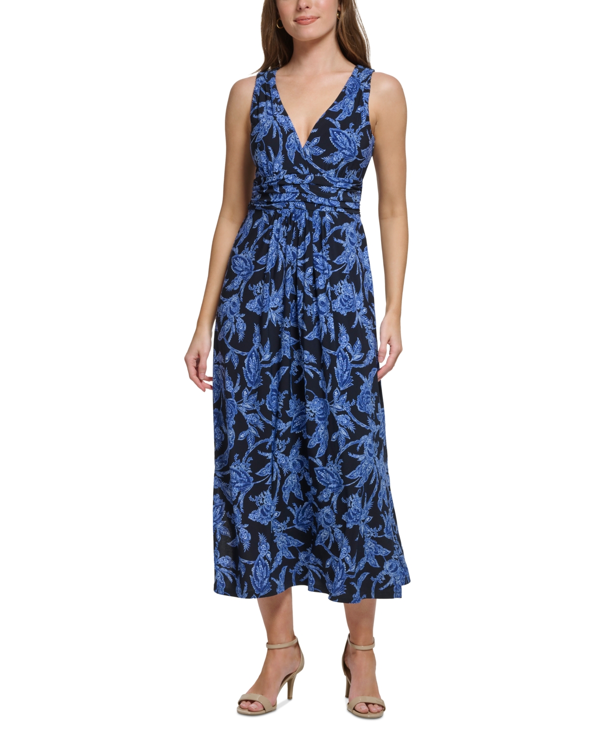 Tommy Hilfiger Women's Feathered Floral Printed V-neck Maxi Dress In Sky Cap Mutli