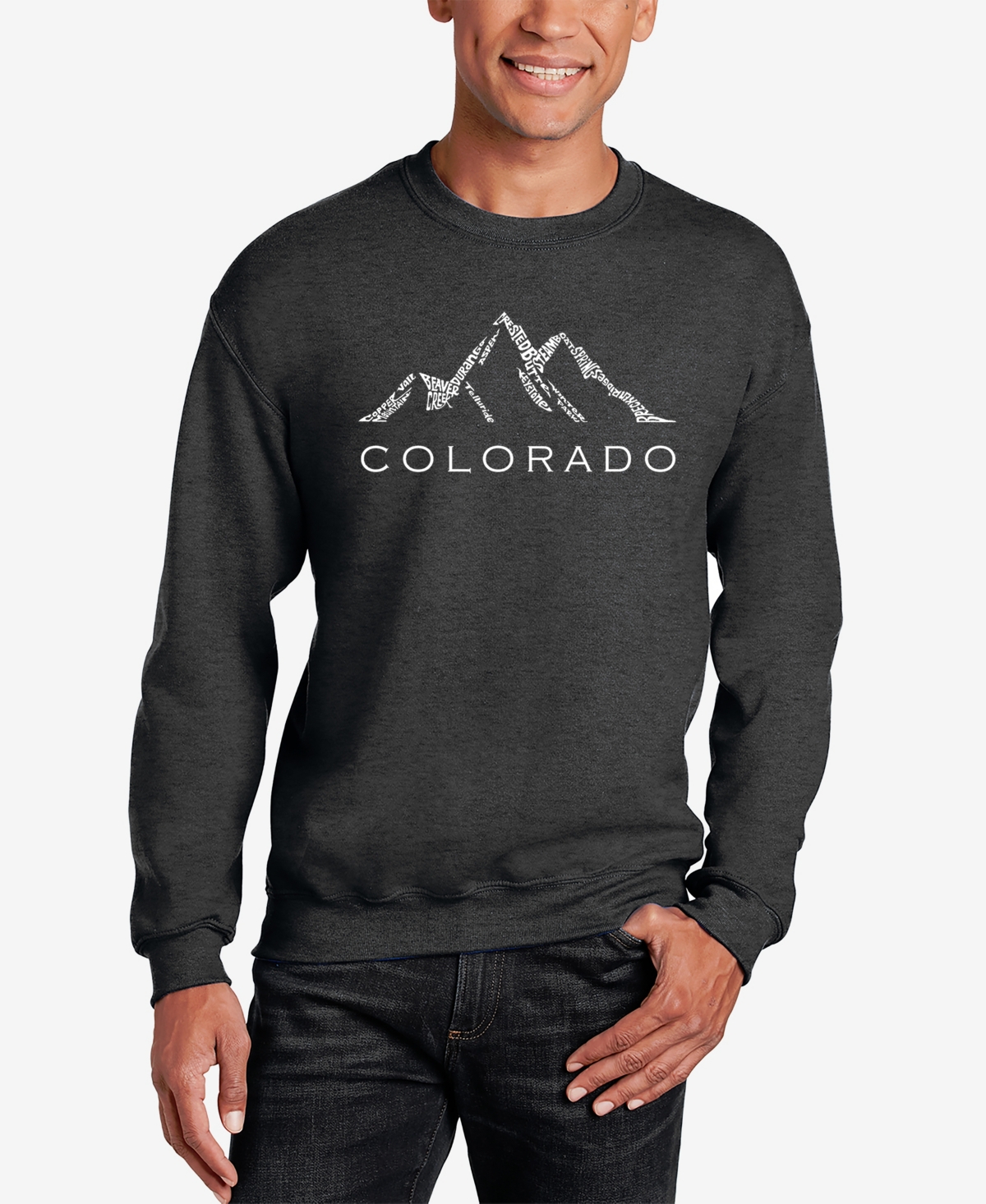 La Pop Art Men's Word Art Crewneck Colorado Ski Towns Sweatshirt In Dark Gray