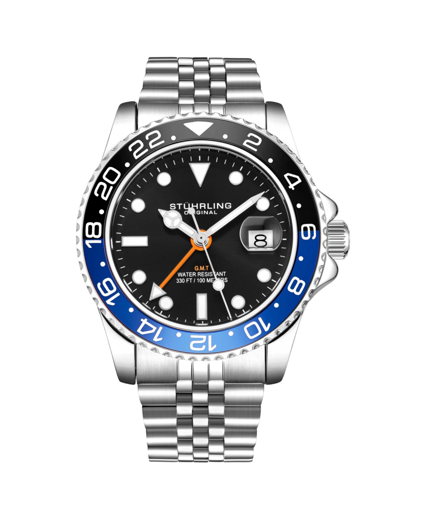 Мужские часы Stuhrling Meridian 3968 GMT Diver Watch - Quartz Movement, 42mm Stainless Steel Case, Black Dial, Blue/Black Bezel, цвет: Серебряный — фото 1