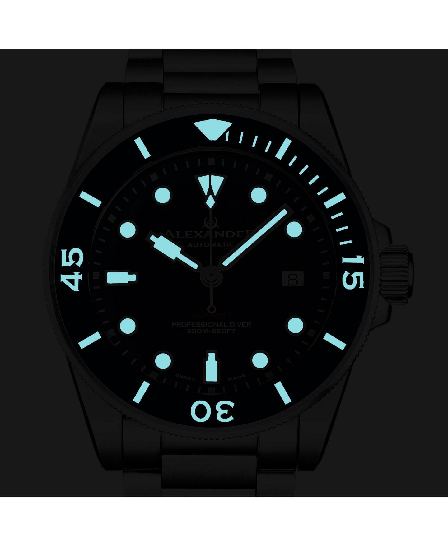 Мужские часы Alexander Vathos3 Swiss Made Diver Watch 43mm Silver Tone Stainless Steel Case Blue Dial Rotating Bezel Sapphire Crystal 200M Water Resistant — фото 3