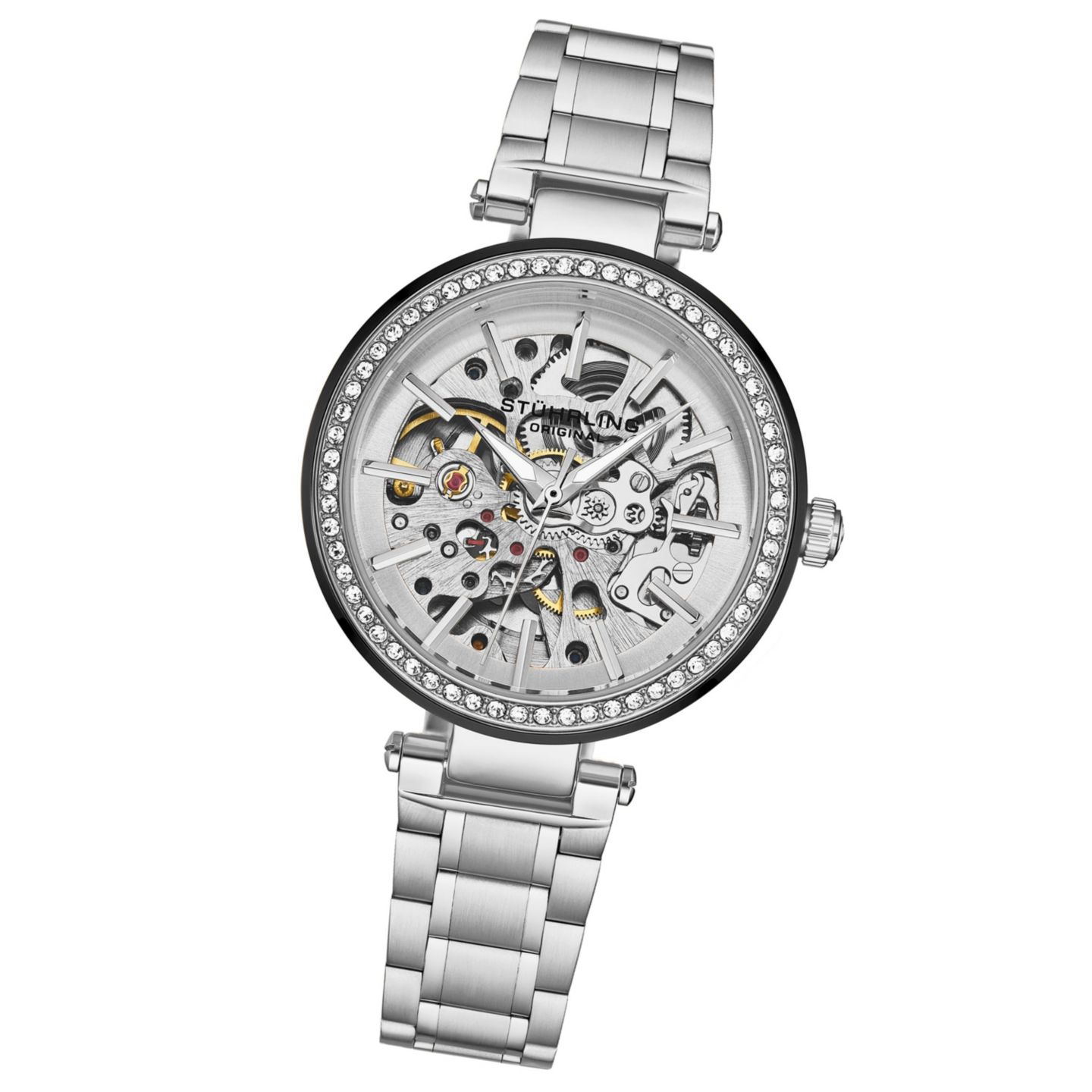 Женские автоматические часы Stuhrling со скелетоном, стальной браслет, кристаллы, цвет: Серебряный — фото 1
