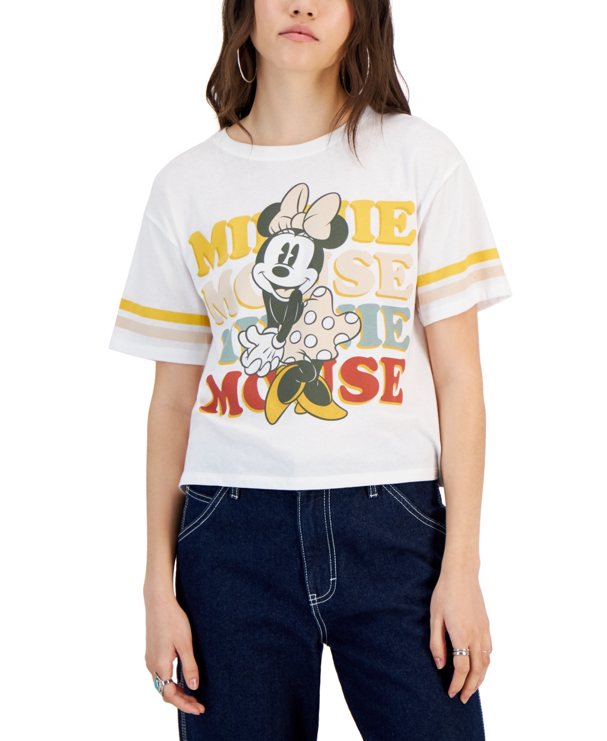 Disney Juniors' Minnie Mouse Varsity Graphic Crop T-shirt In White
