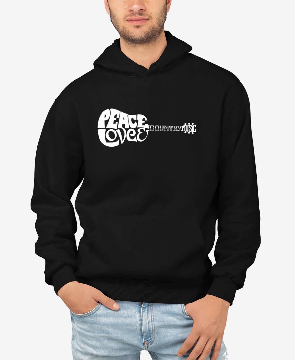 La Pop Art Men's Peace Love Country Word Art Long Sleeve Hooded Sweatshirt In Black