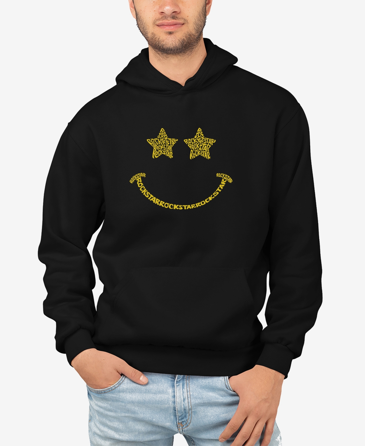 La Pop Art Men's Rock Star Smiley Word Art Long Sleeve Hooded Sweatshirt In Black