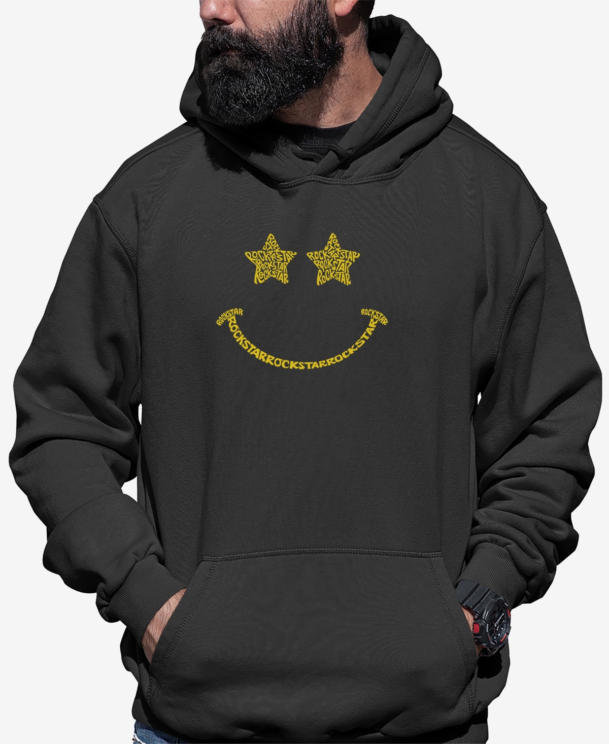La Pop Art Men's Rock Star Smiley Word Art Long Sleeve Hooded Sweatshirt In Dark Gray