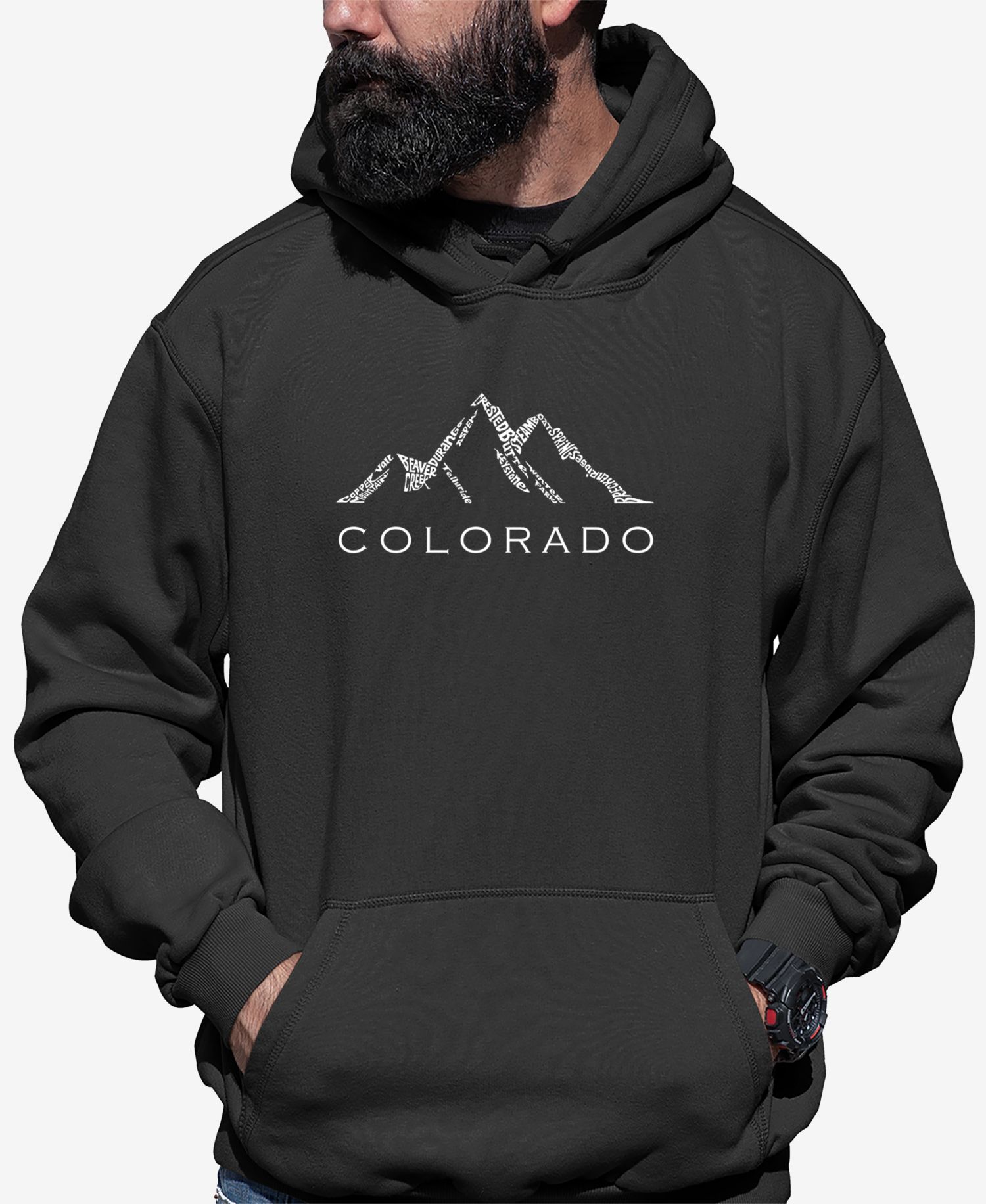 Men's Colorado Ski Towns Word Art Long Sleeve Hooded Sweatshirt