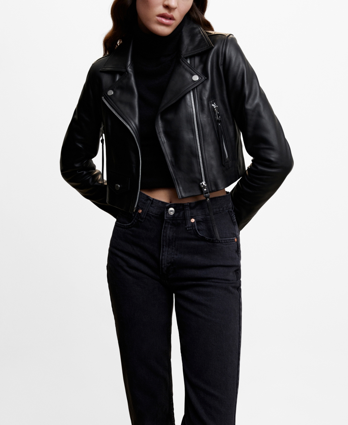Mango Women's Cropped Leather Biker Jacket In Black ModeSens