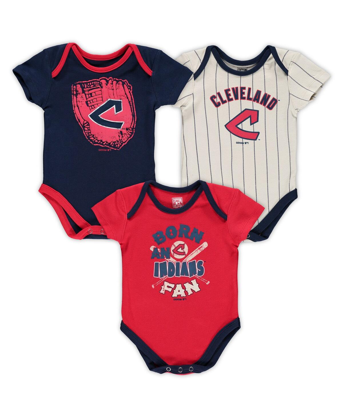 Outerstuff Babies' Newborn Boys And Girls Navy, Red, Cream Cleveland Indians Three-pack Number One Bodysuit In Navy,red,cream